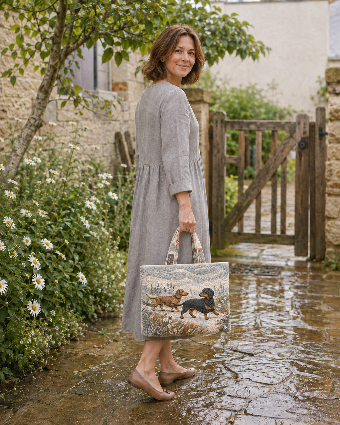 Woman carrying the Dachshund Wildflower Walk quilted tote on a stone garden path