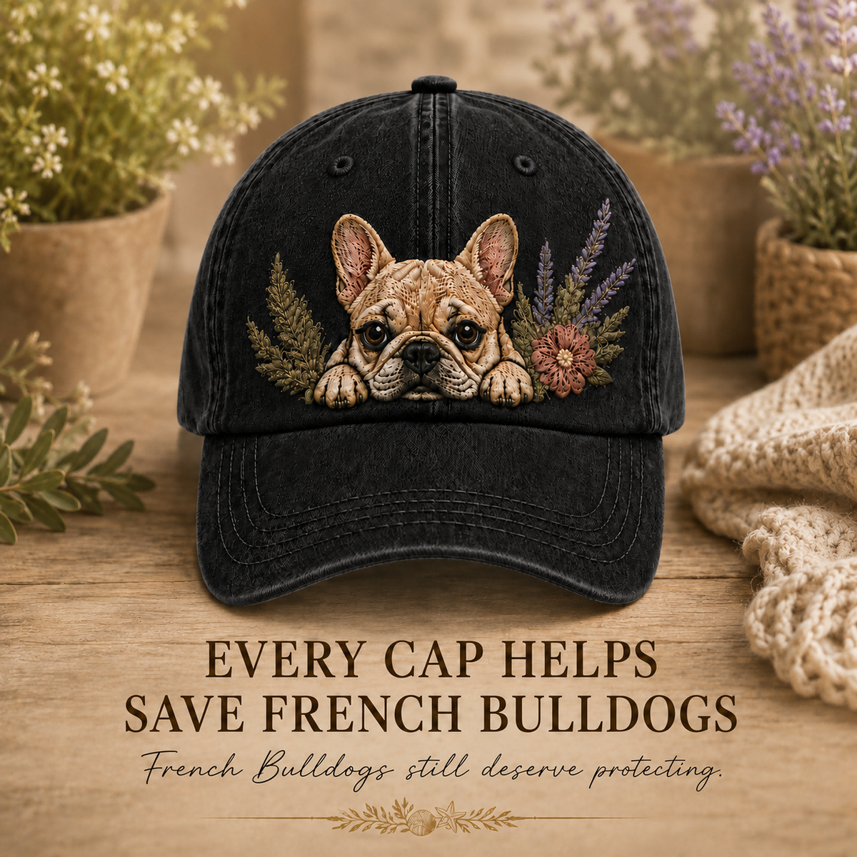 French Bulldog Lavender Peek Embroidered Washed Cap