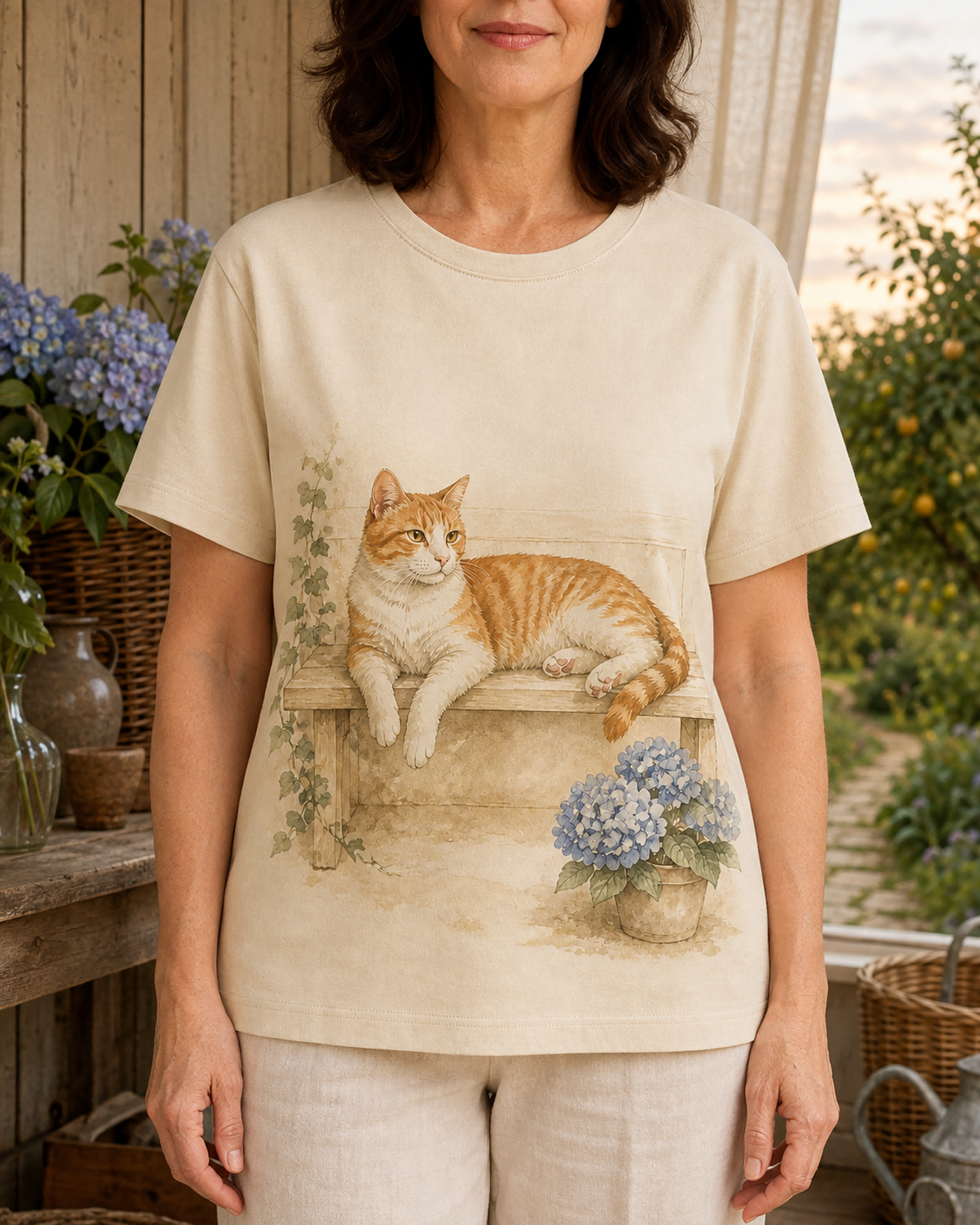 Women's Cat Hydrangea Porch Summer Tee lifestyle image 2