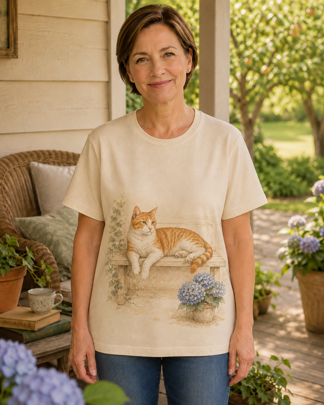 Women's Cat Hydrangea Porch Summer Tee lifestyle image 4