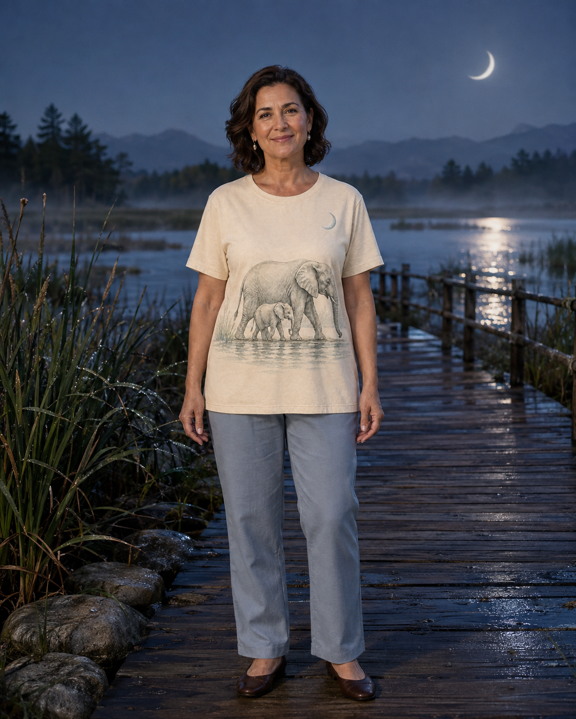Women's Elephant Moonlit Waterhole Summer Tee lifestyle image 1