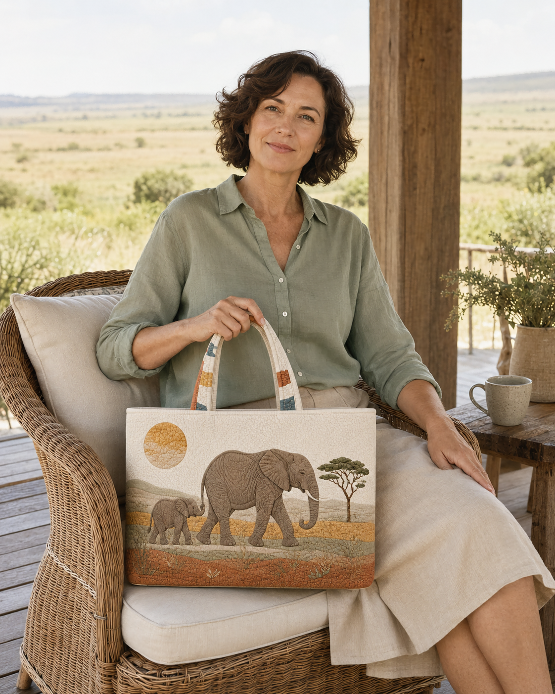 Woman seated with the Elephant Dawn Passage quilted tote on a wicker porch chair