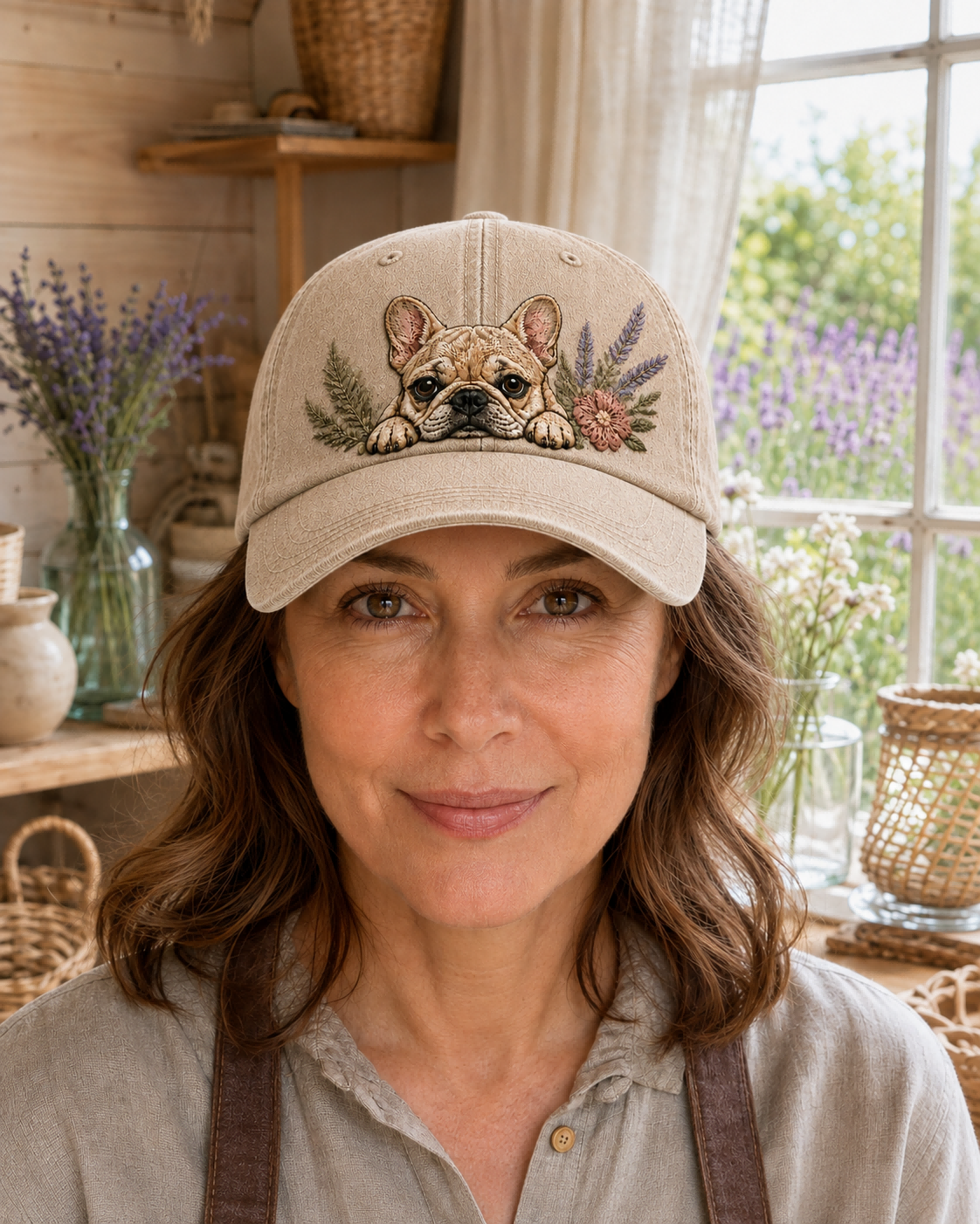 French Bulldog Lavender Peek Embroidered Washed Cap