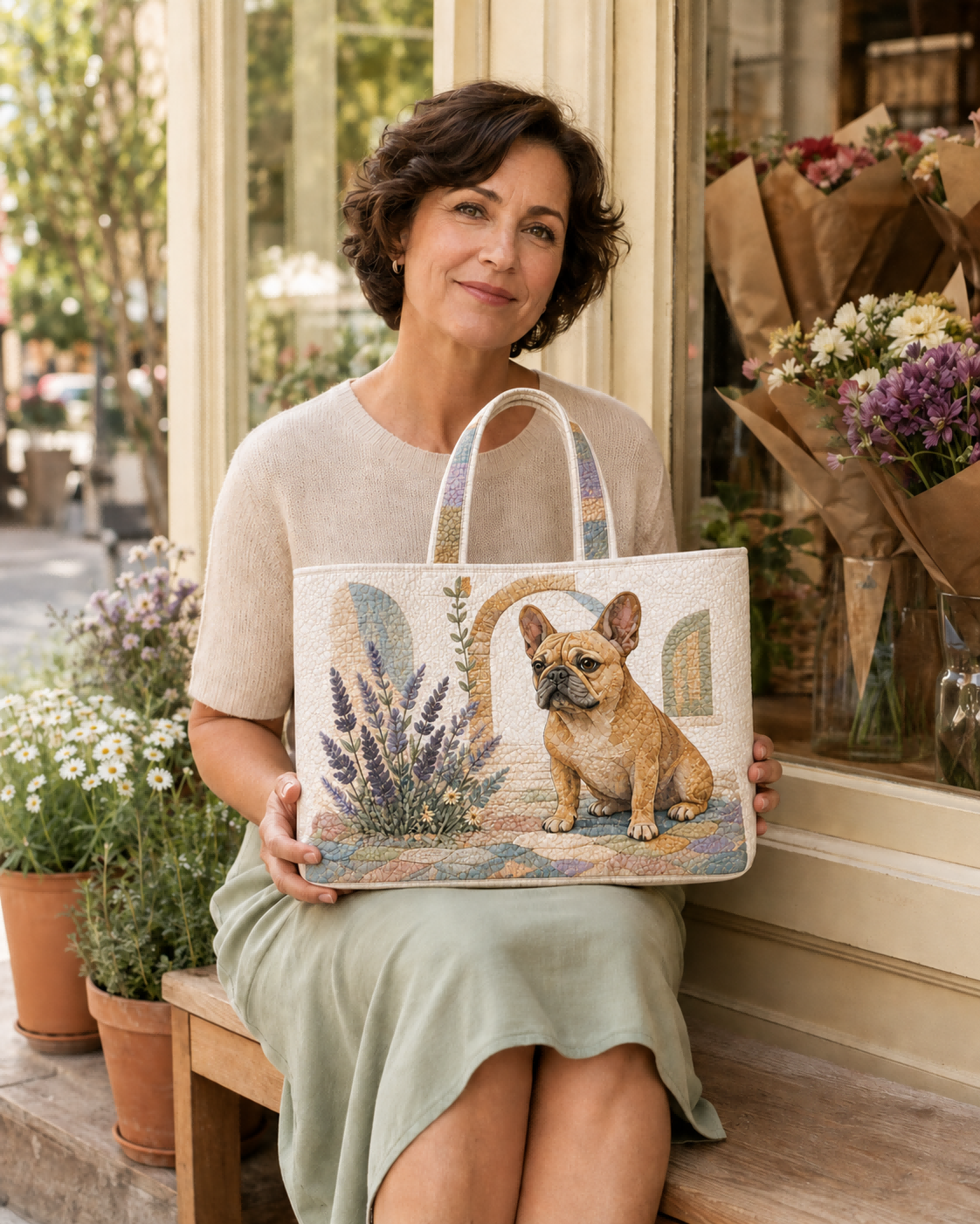 Woman seated with the French Bulldog Lavender Porch quilted tote outside a flower shop