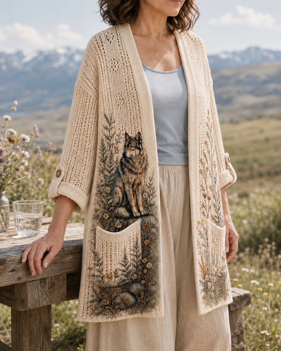 Detail view of the Beige Moonlit Woodland Wolf Summer Cardigan with wolf artwork