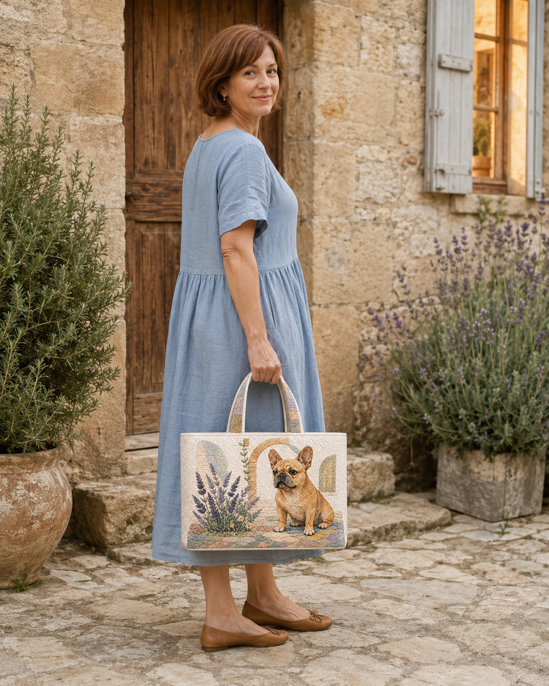 Woman carrying the French Bulldog Lavender Porch quilted tote beside a stone garden wall