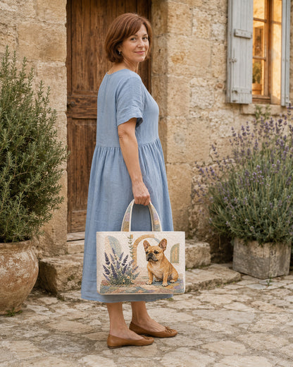 Woman carrying the French Bulldog Lavender Porch quilted tote beside a stone garden wall