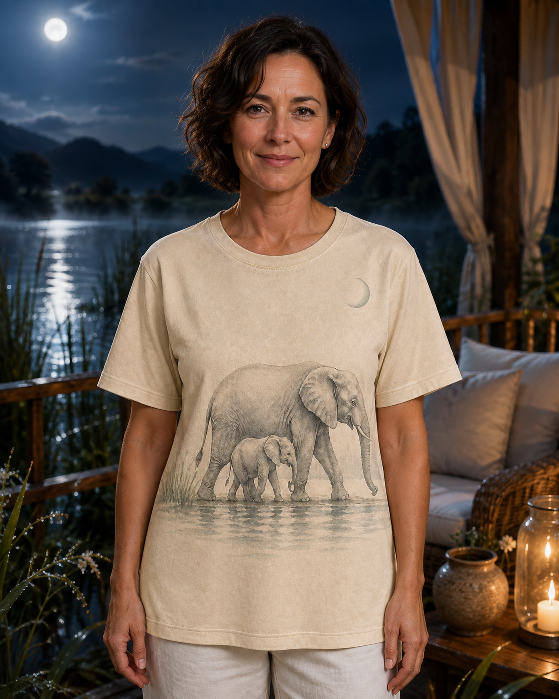 Women's Elephant Moonlit Waterhole Summer Tee lifestyle image 3