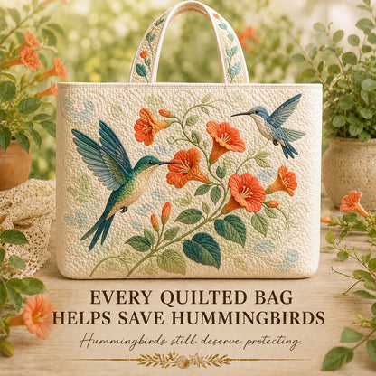 Hummingbird Nectar Trail quilted tote displayed in a flower garden