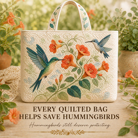 Hummingbird Nectar Trail quilted tote displayed in a flower garden