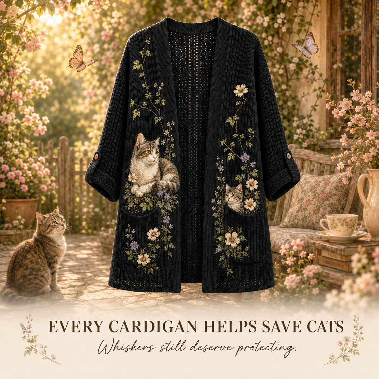 Women's Botanical Cat Print Casual Cardigan