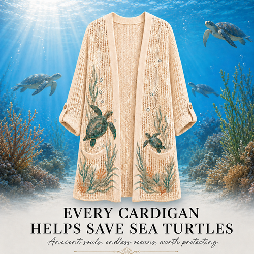 Women's Seagrass Sea Turtle Summer Cardigan in Beige with sea turtle and seagrass motifs