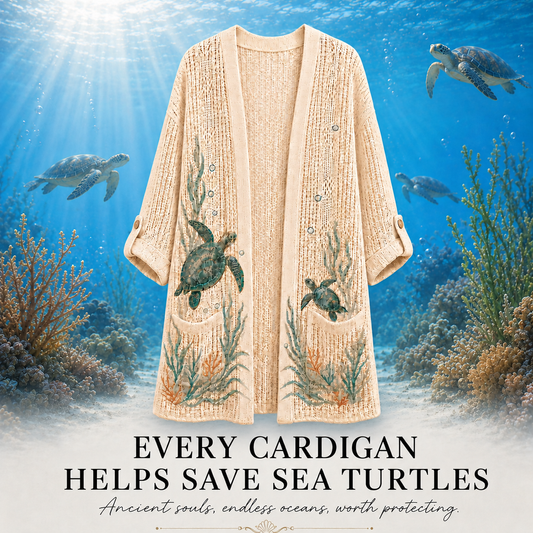 Women's Seagrass Sea Turtle Summer Cardigan in Beige with sea turtle and seagrass motifs