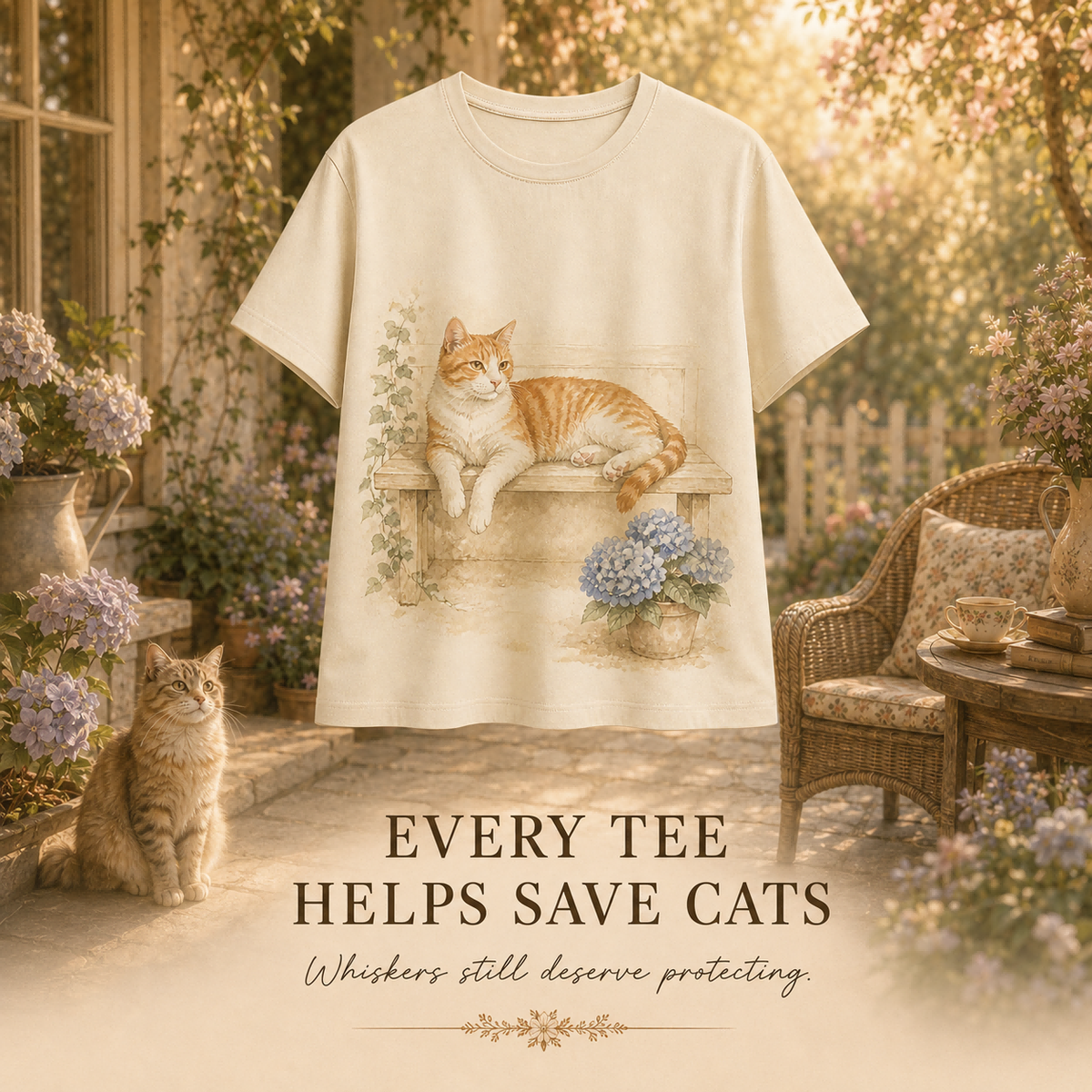 Women's Cat Hydrangea Porch Summer Tee beige cat artwork