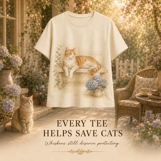 Women's Cat Hydrangea Porch Summer Tee beige cat artwork