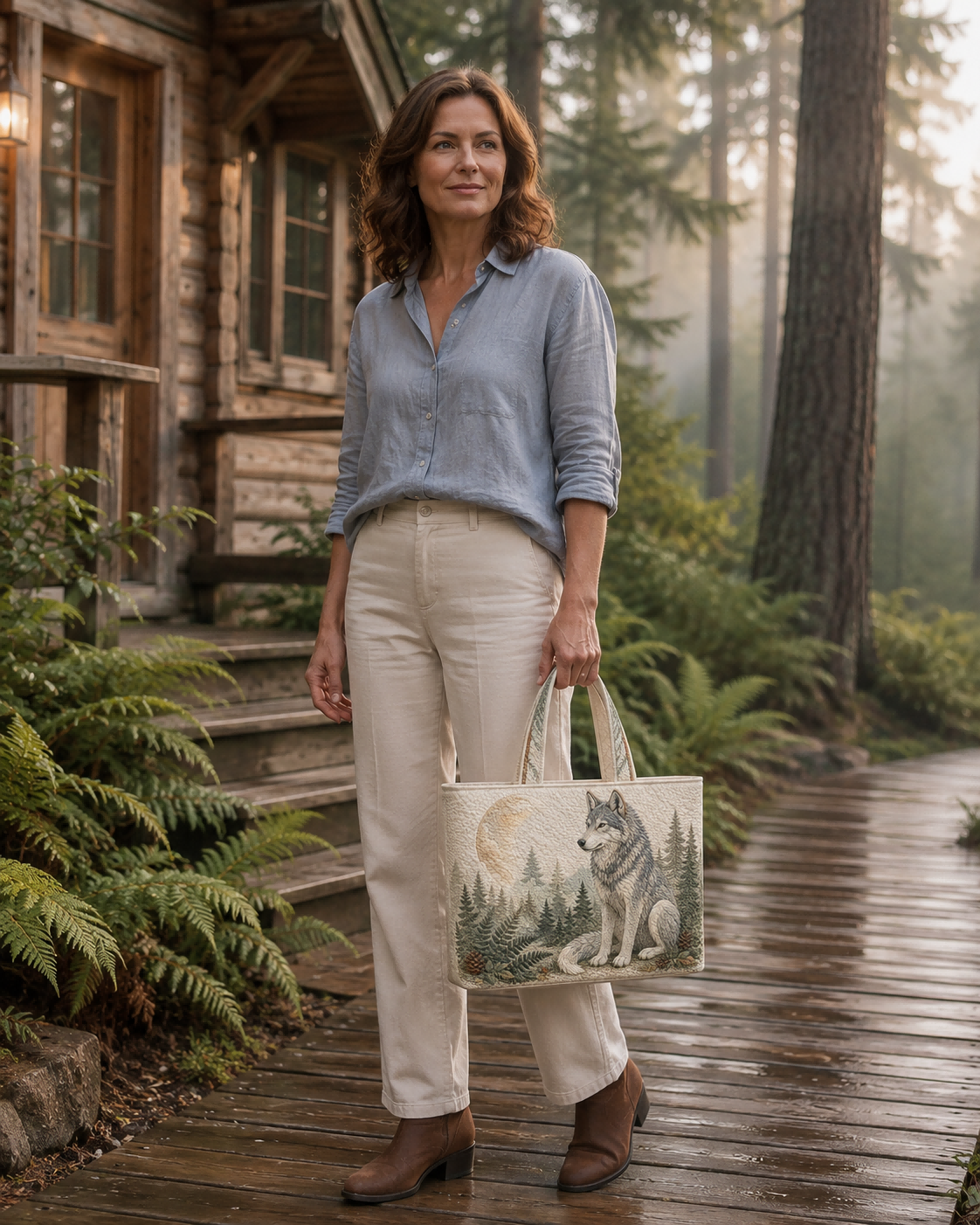 Woman carrying the Guardian Wolf Moonlit Pines quilted tote outside a woodland cabin