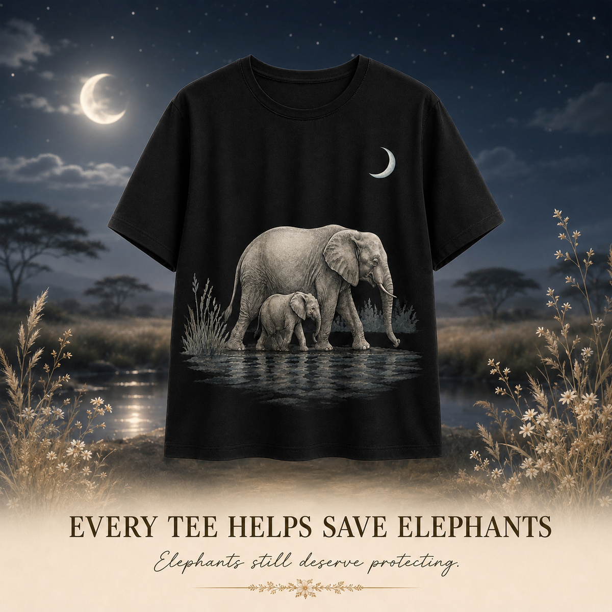 Women's Elephant Moonlit Waterhole Summer Tee black elephant artwork