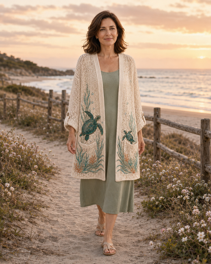 Woman wearing the Beige Seagrass Sea Turtle Summer Cardigan on a beachside path at sunset