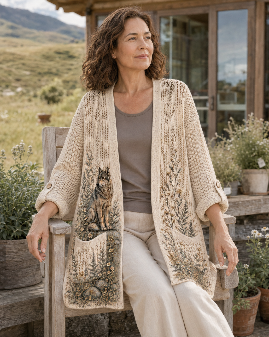 Woman seated outdoors in the Beige Moonlit Woodland Wolf Summer Cardigan