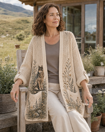 Woman seated outdoors in the Beige Moonlit Woodland Wolf Summer Cardigan
