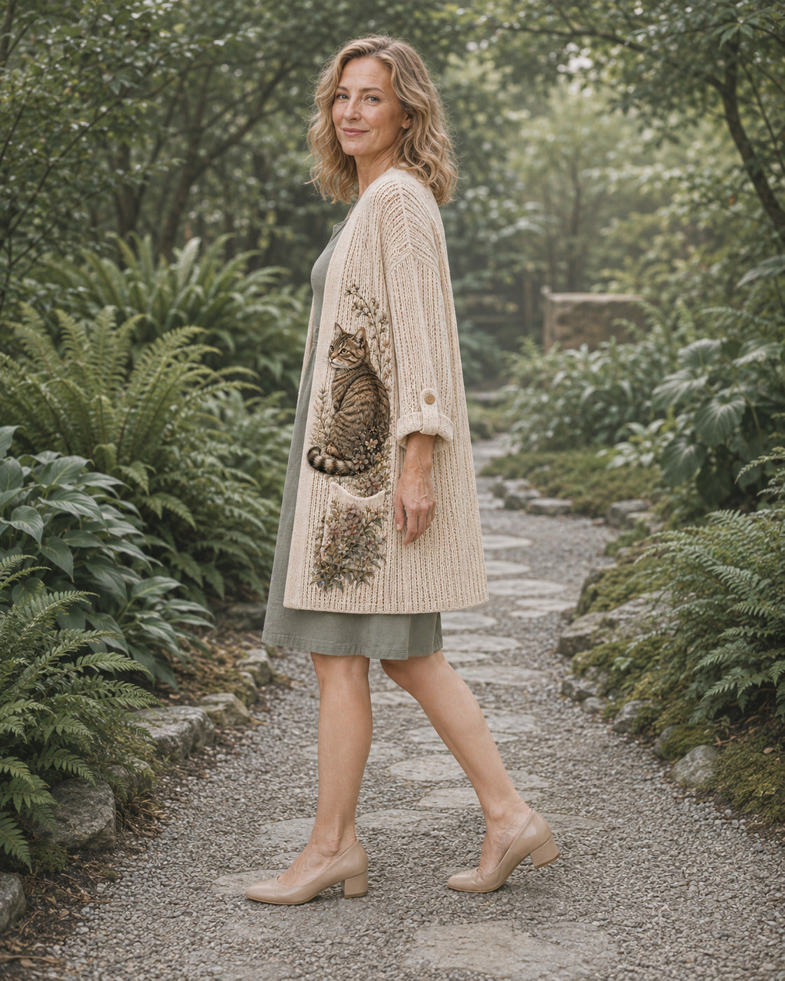 Side view of the Beige Hydrangea Garden Cat Summer Cardigan on a shaded garden path