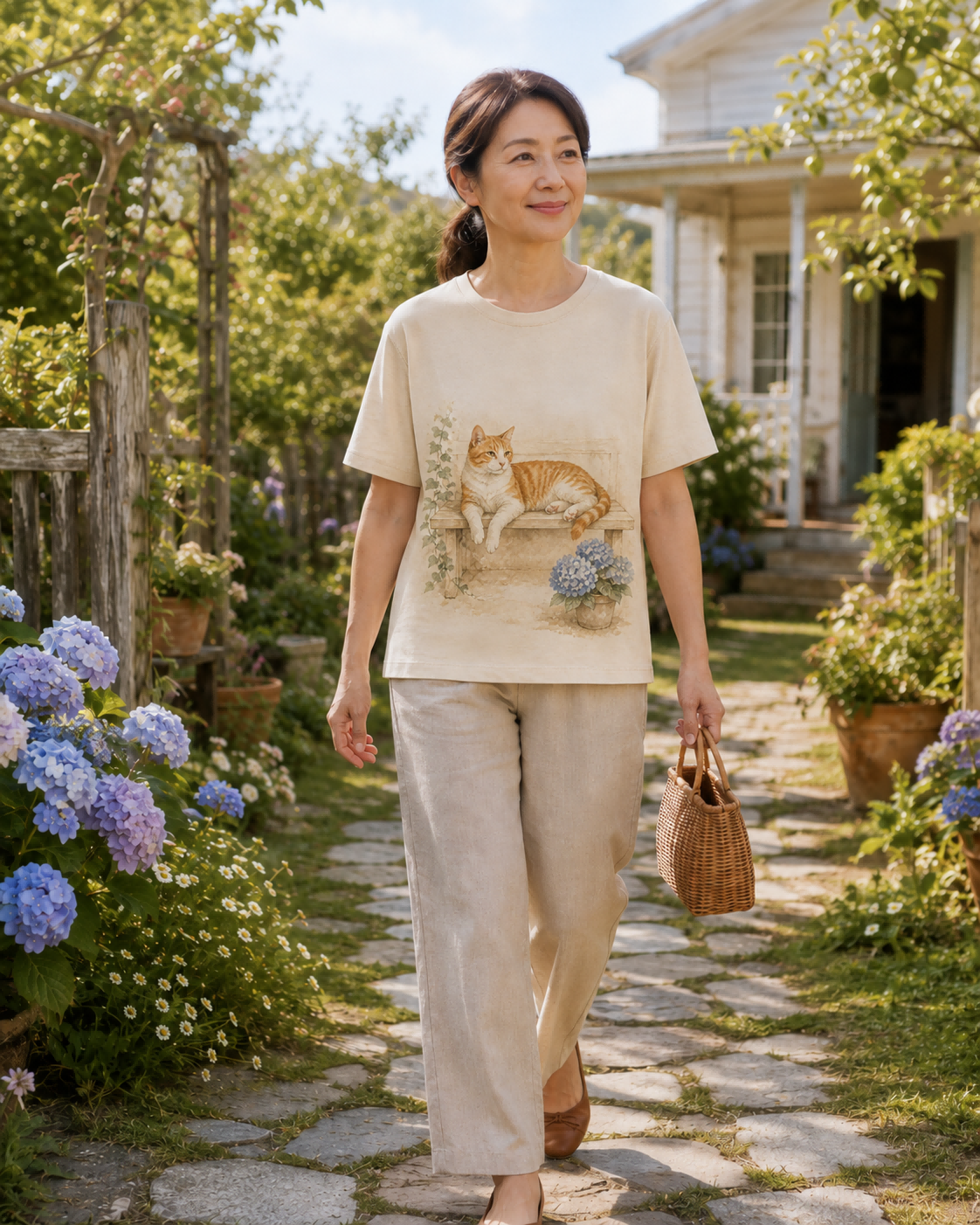 Women's Cat Hydrangea Porch Summer Tee lifestyle image 5