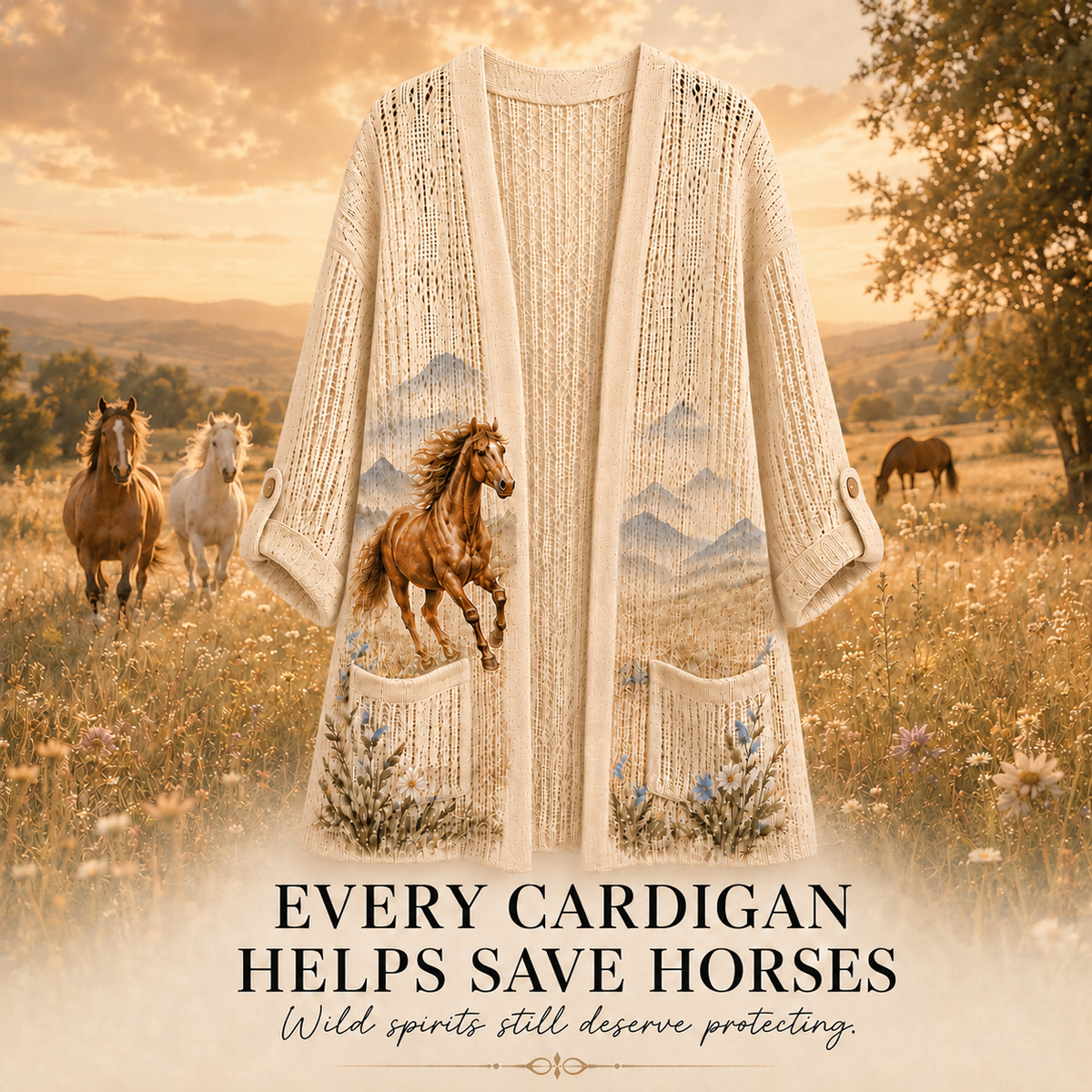 Women's Mountain Meadow Horse Summer Cardigan in Beige with a running horse and wildflowers