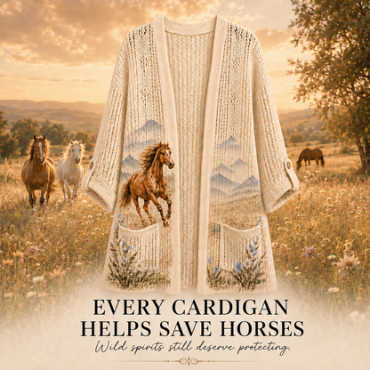 Women's Mountain Meadow Horse Summer Cardigan in Beige with a running horse and wildflowers