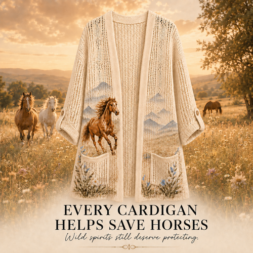 Women's Mountain Meadow Horse Summer Cardigan in Beige with a running horse and wildflowers