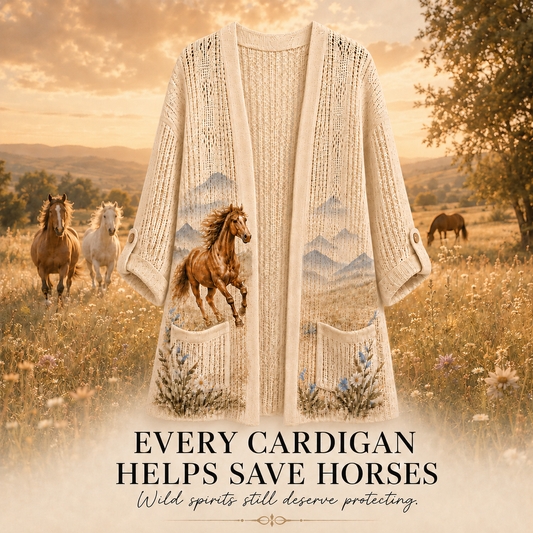 Women's Mountain Meadow Horse Summer Cardigan in Beige with a running horse and wildflowers