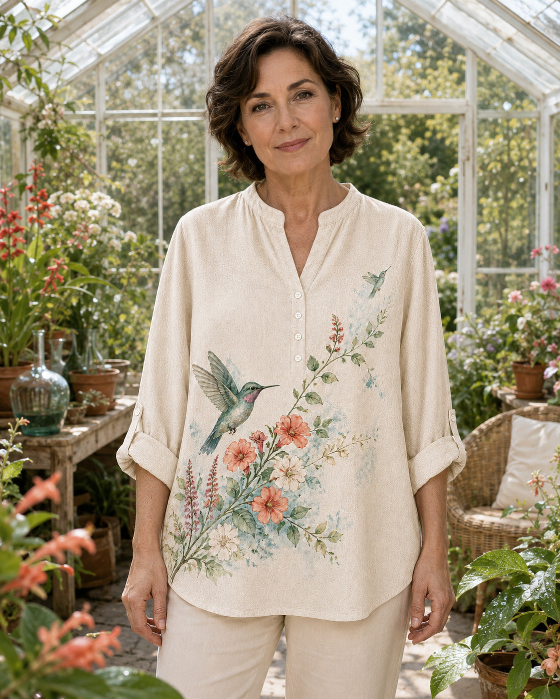 Women's Hummingbird Nectar Garden Summer Blouse lifestyle image 5