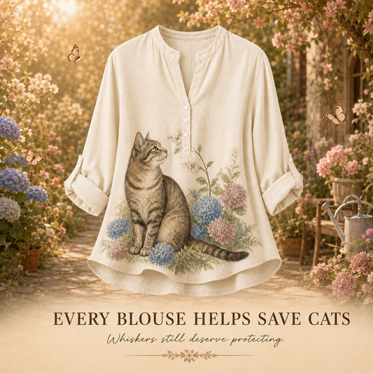 Women's Cat Botanical Garden Summer Blouse beige cat artwork