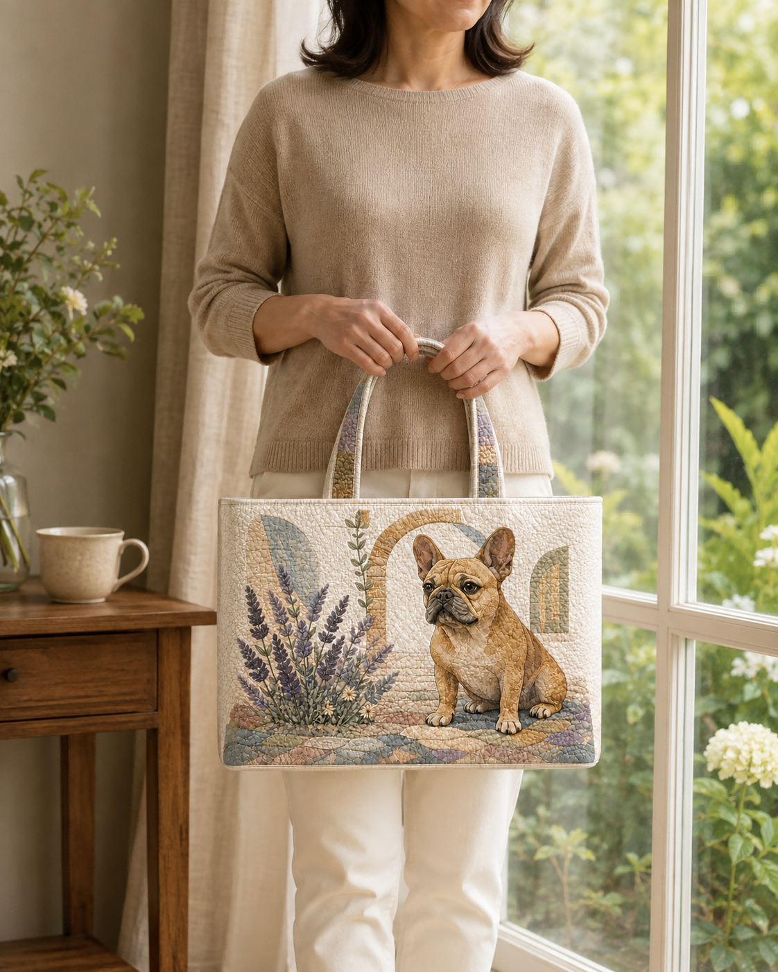 Woman holding the French Bulldog Lavender Porch quilted tote indoors beside a window