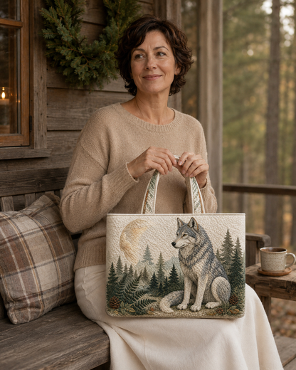 Woman holding the Guardian Wolf Moonlit Pines quilted tote on a cabin porch