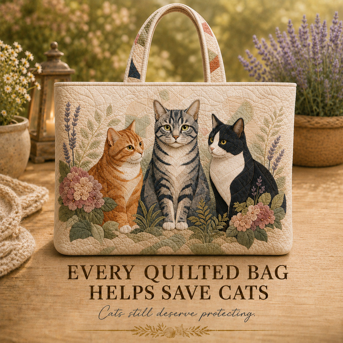 Botanical Garden Cats Quilted Tote