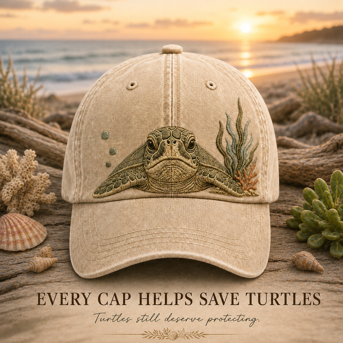 Sea Turtle Ocean Peek Embroidered Washed Cap