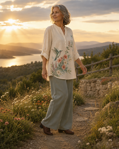 Women's Hummingbird Nectar Garden Summer Blouse lifestyle image 3