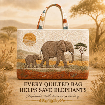 Elephant Dawn Passage quilted tote with an elephant and calf design displayed outdoors
