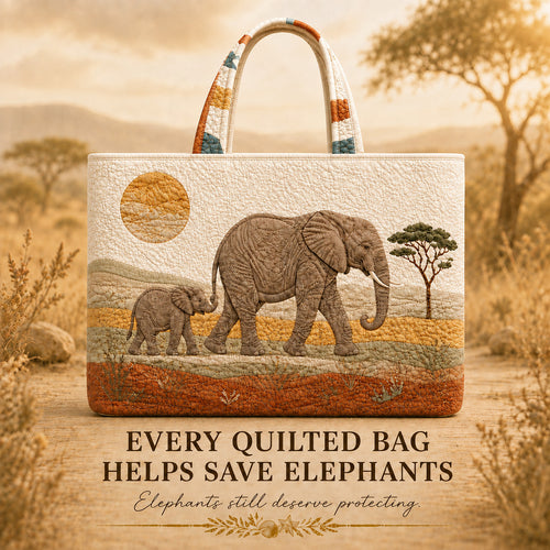 Elephant Dawn Passage quilted tote with an elephant and calf design displayed outdoors
