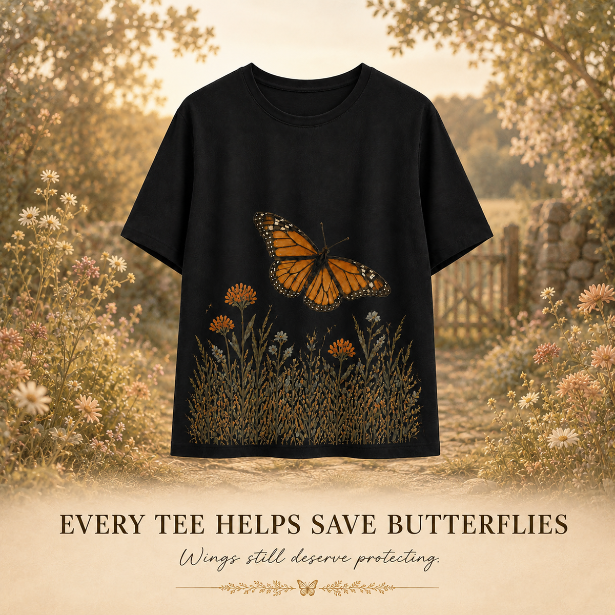 Women's Butterfly Meadow Passage Summer Tee black butterfly artwork
