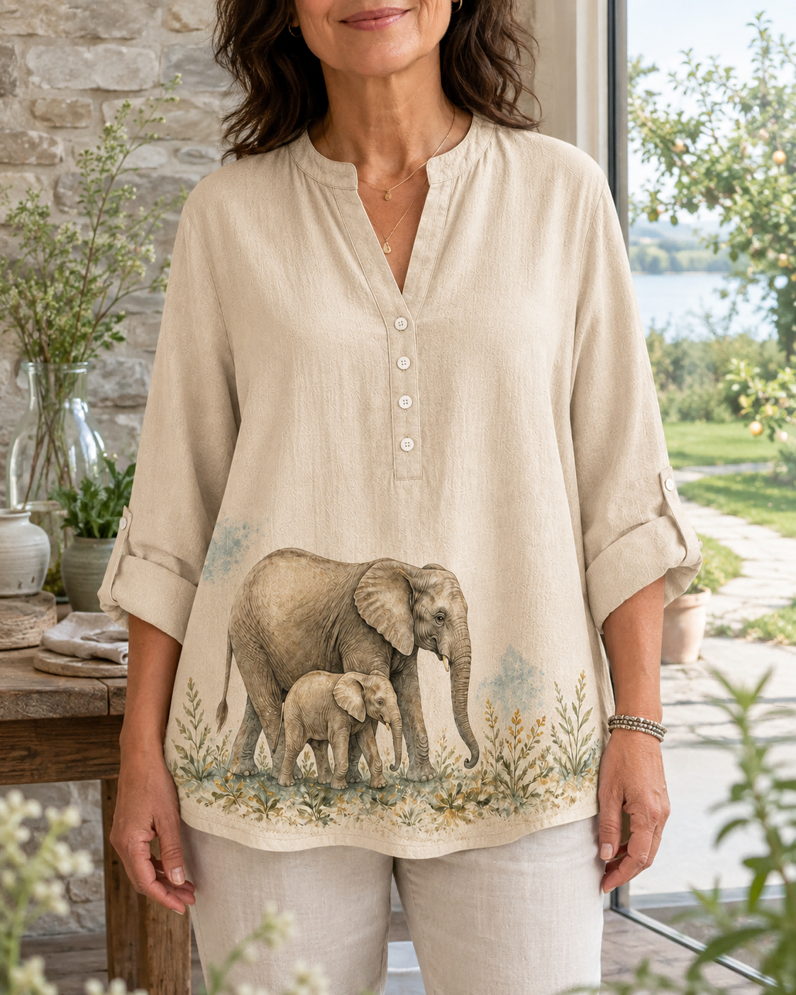 Women's Elephant Botanical Matriarch Summer Blouse lifestyle image 4