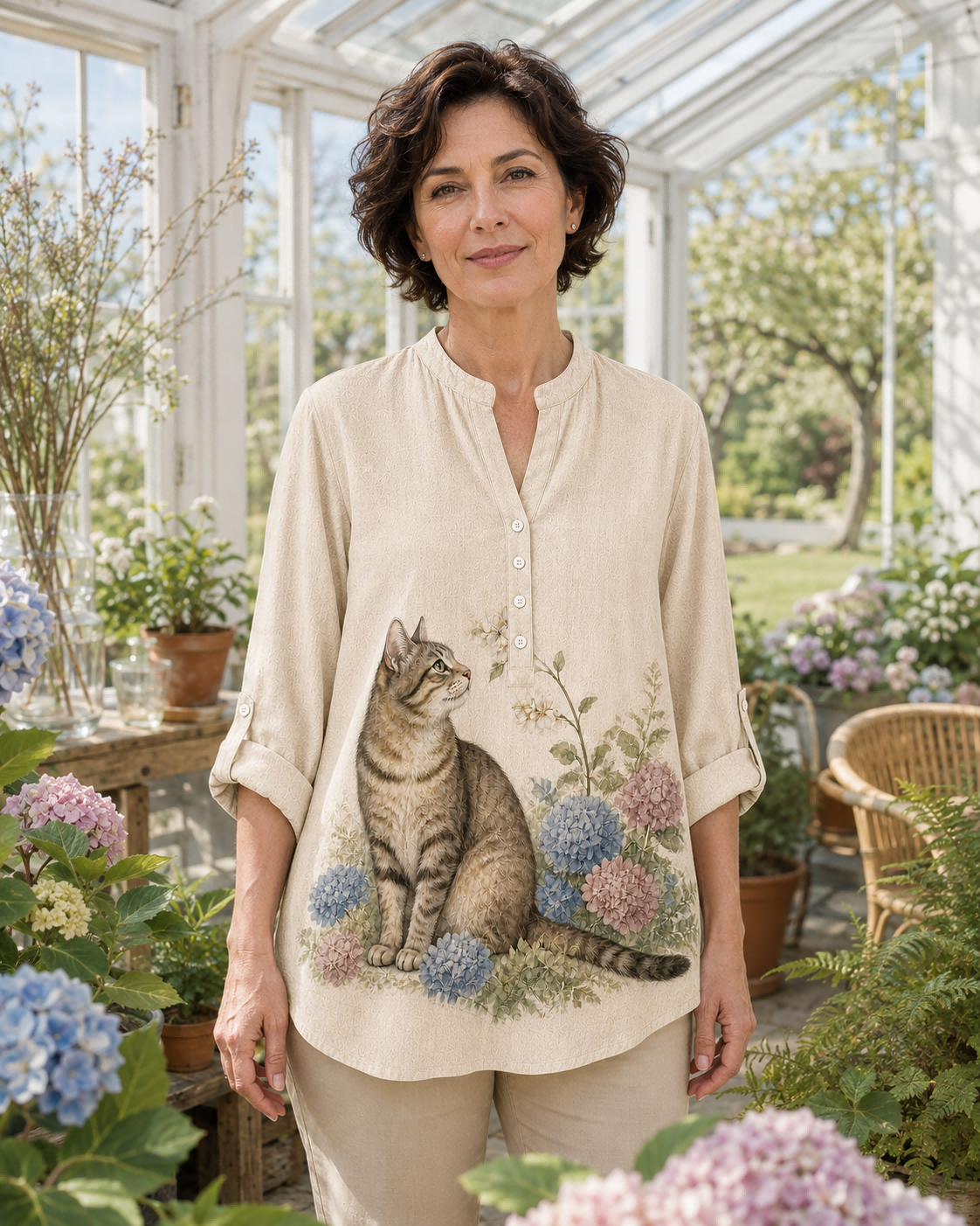 Women's Cat Botanical Garden Summer Blouse lifestyle image 2