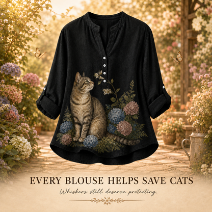 Women's Cat Botanical Garden Summer Blouse black cat artwork