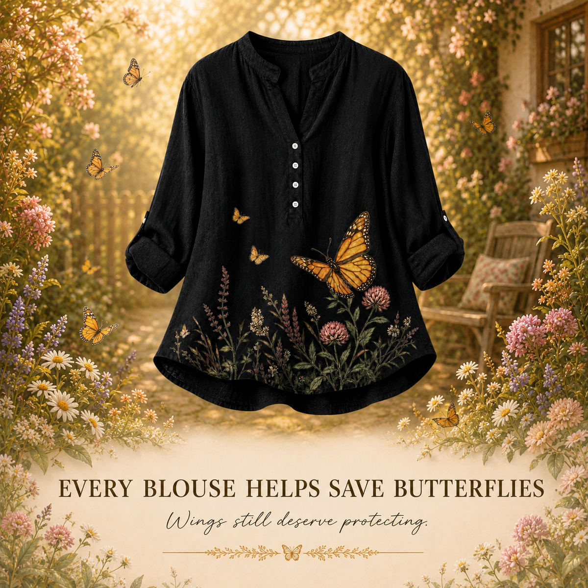 Women's Monarch Butterfly Wildflower Summer Blouse