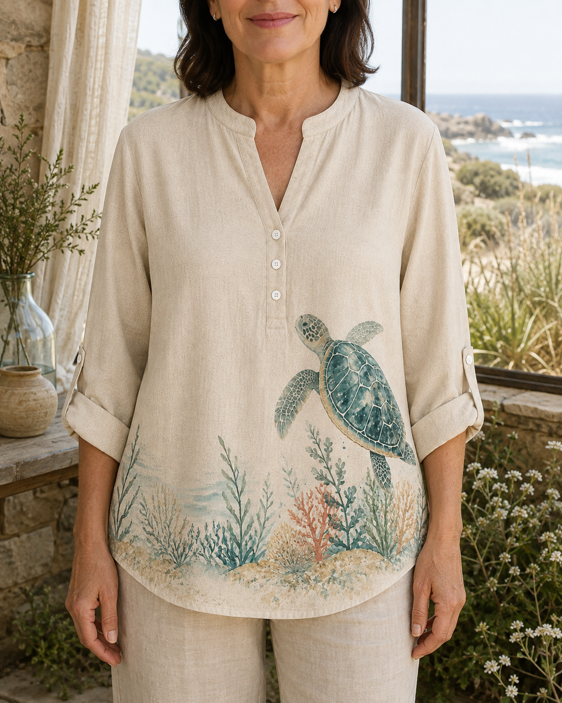 Women's Sea Turtle Coral Garden Summer Blouse lifestyle image 5