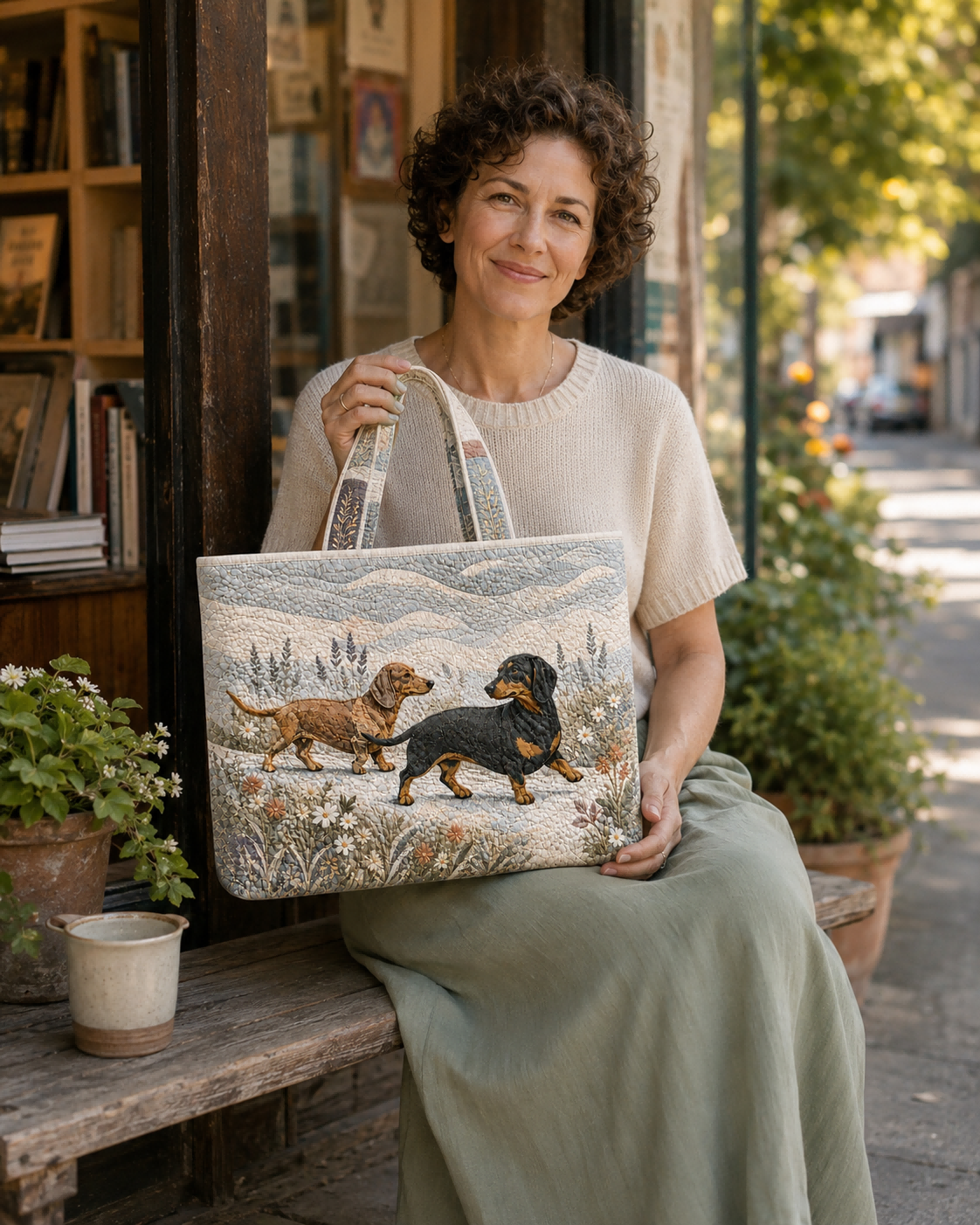 Woman seated outside a bookshop with the Dachshund Wildflower Walk quilted tote