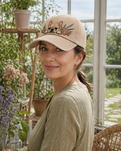 French Bulldog Lavender Peek Embroidered Washed Cap