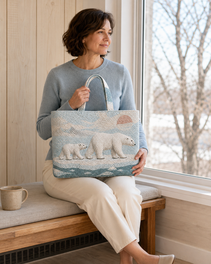 Woman seated indoors with the Polar Bear Arctic Passage quilted tote beside a window