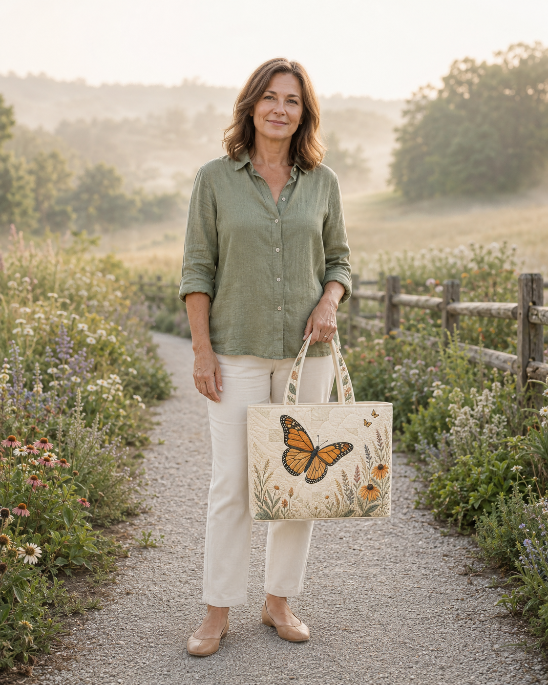 Woman carrying the Monarch Butterfly Meadow Arc quilted tote on a meadow path