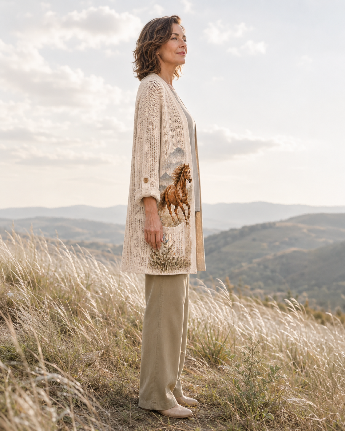 Side view of the Beige Mountain Meadow Horse Summer Cardigan in a grassy mountain landscape